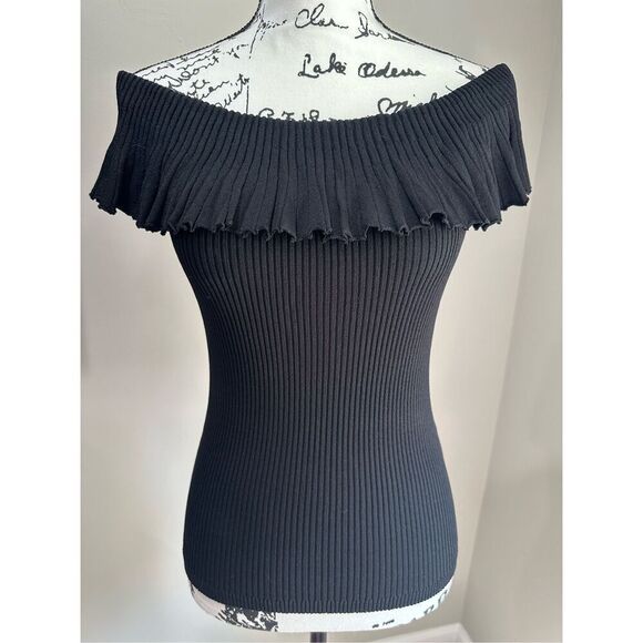 White House Black Market Ruffle Neckline Black Off Shoulders Top S NWT - Picture 1 of 10